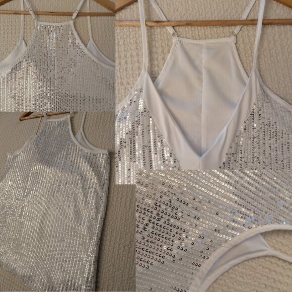 White Sequin Cami Top Fully Lined Adjustable Straps - Picture 7 of 8